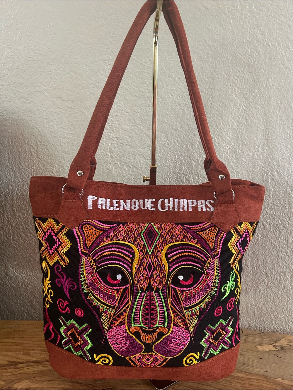 Handcrafted Mexican Mayan Artisan Tote Bag Chiapas Embroidered Jaguar Suede